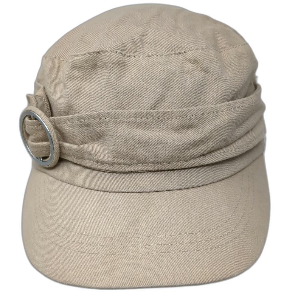 D&Y Army Cap Hat Beige One Size Ring Buckle Floral Lining Cotton Elastic Back